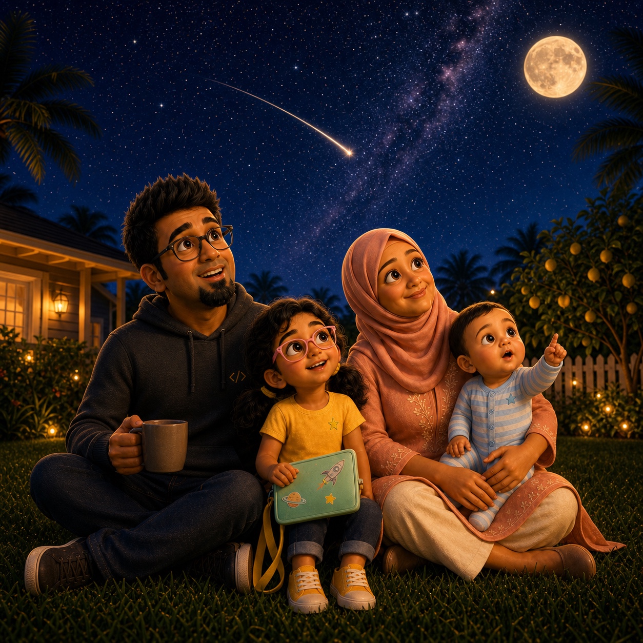 Aura, Daddy, Mummy and baby Hamza sitting together in their Florida backyard under a starry night sky, looking up at a full moon as a shooting star streaks past