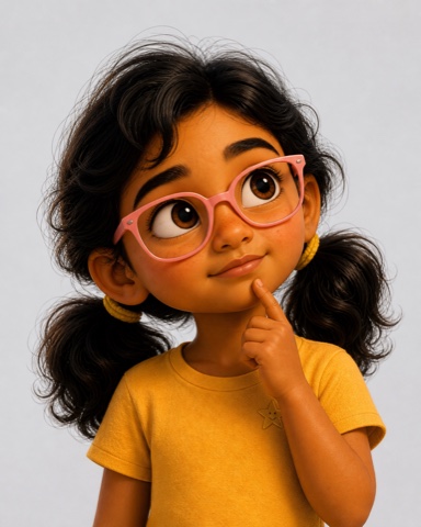 Aura, the seven-year-old protagonist with curly hair and pink glasses