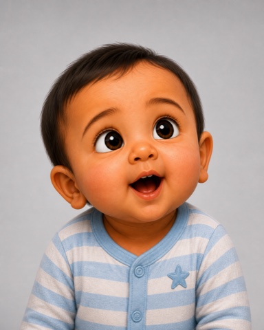 Hamza, Aura's baby brother in a striped onesie