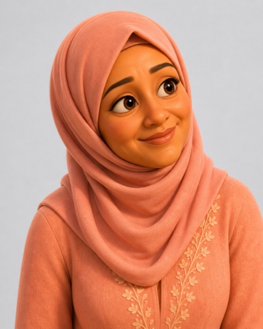 Mummy in a coral hijab and floral kurta, smiling warmly