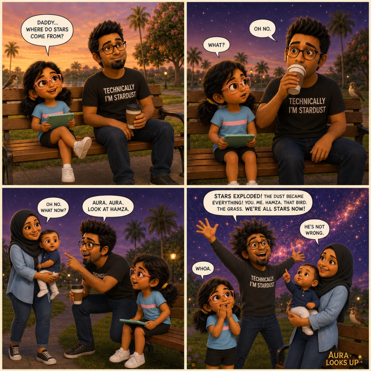 Aura, Daddy, Mummy, and baby Hamza sit in a Florida park at twilight while Daddy excitedly explains that stars exploded long ago and their dust became everything around us.