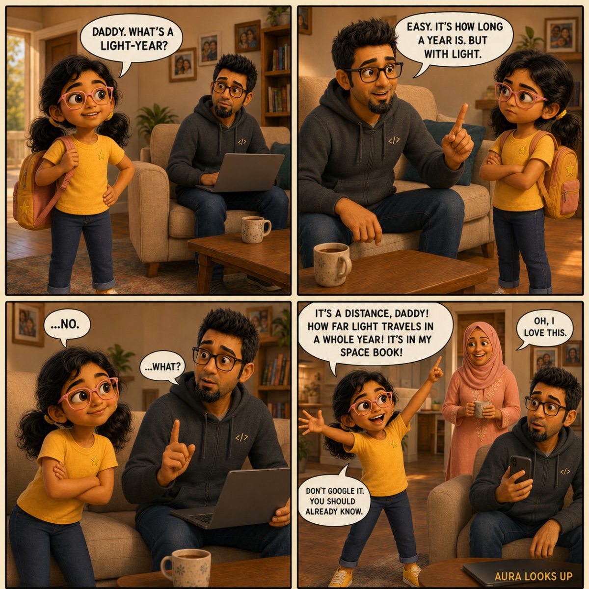 Aura comes home from school with her backpack and asks Daddy what a light-year is. Daddy confidently says it's how long a year is, but with light. Aura, arms folded skeptically, tells him no. Daddy freezes mid-explanation. In the final panel, Aura strikes a dramatic mad-scientist pose mirroring Daddy's usual stance, explaining that a light-year is a distance — how far light travels in a year — and that she read it in her space book. Daddy is caught holding his phone, defeated. Mummy walks in, sees the role reversal, and is delighted.