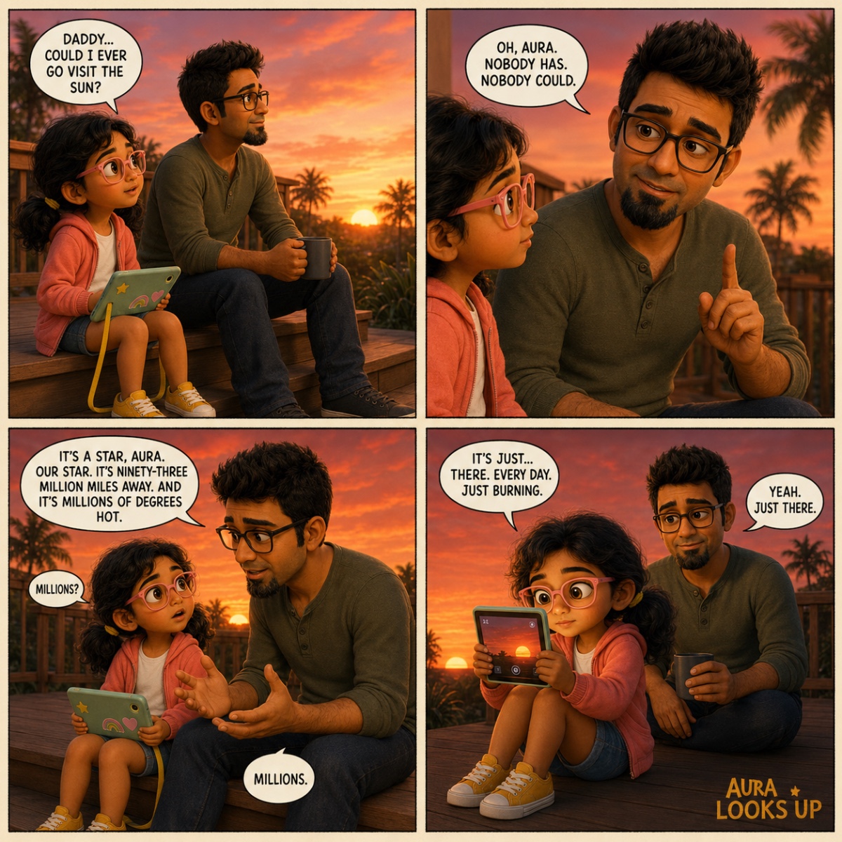 Aura and Daddy sit together on the back deck at sunset, watching the sun set over palm trees. Aura asks if she could ever visit the sun. Daddy explains gently that the sun is a star, ninety-three million miles away, with millions of degrees of heat. Aura looks at the sun through her tablet's camera, her face quiet with wonder. She whispers that the sun is just there, every day, just burning. Daddy watches her with a proud small smile.